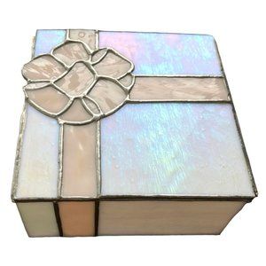 VTG Iridescent White/Pink Stained Glass Gift/ Present Shaped Jewelry/Trinket Box